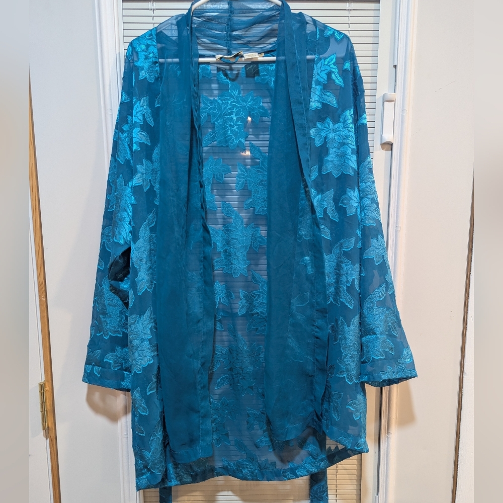 Medium 90s Victoria's Secret Sheer Blue Jacquard Robe Vintage Floral Chiffon B